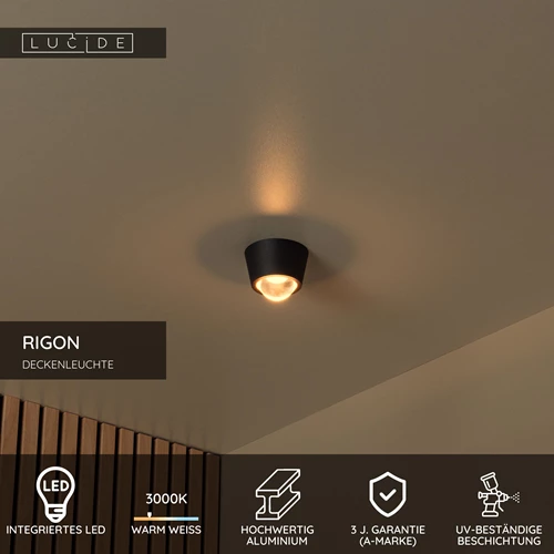 Lucide RIGON - Deckenleuchte - Ø 9 cm - LED - 1x6W 3000K - Schwarz - USP